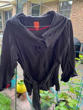Black Shawl-Collar Wrap Blazer with Self-Tie Waist
